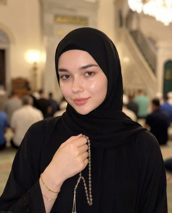 Serene girl holding prayer beads in the mosque