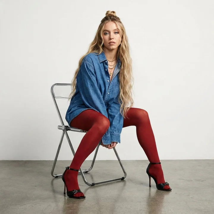 Cheveux longs dorés, look haute couture, shooting en studio minimaliste