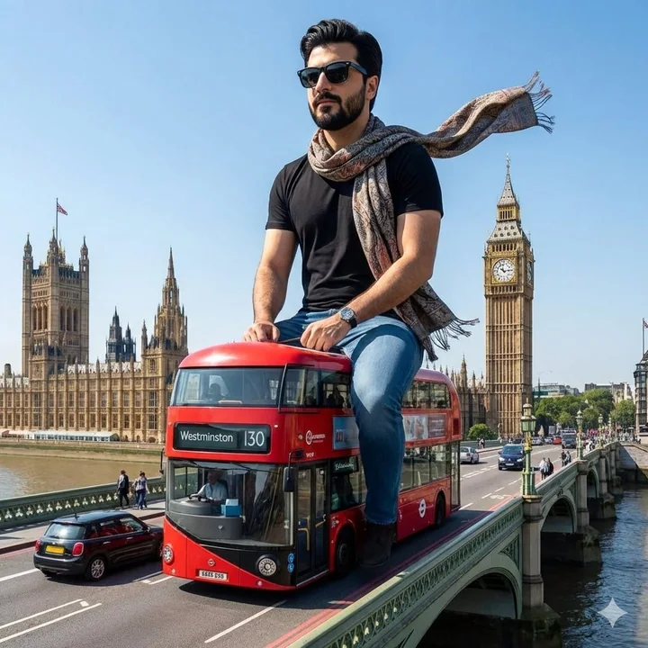 Giant metrosexual riding a mini bus through London