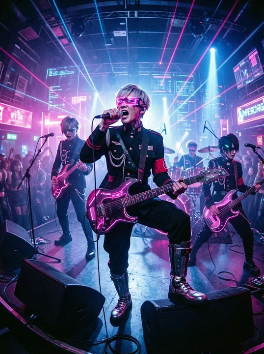 Le groupe visuel cyberpunk incendie la nuit de Shibuya