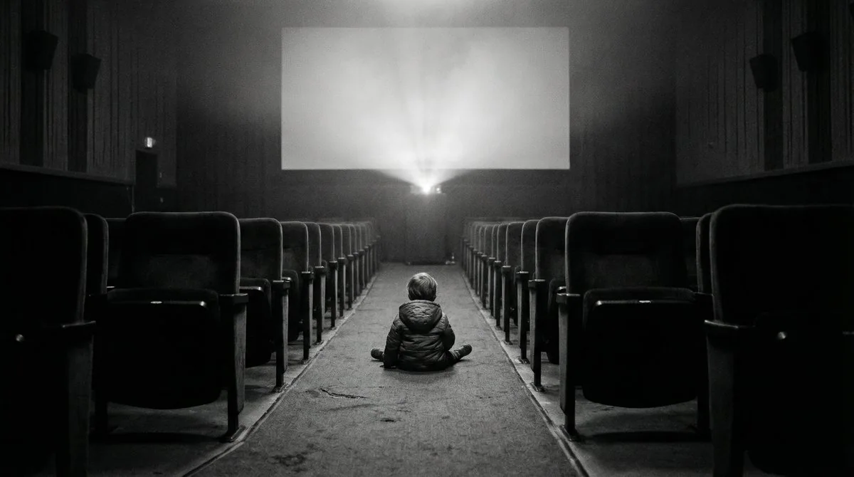 空っぽの映画館の中、孤独な子供の影