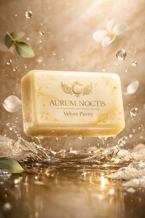 Luxurious soap advertisement with gold leaf floating