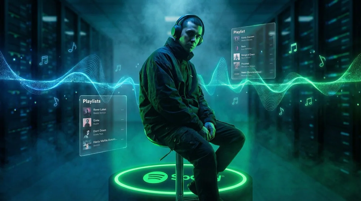 Portrait musical immersif sous une lumière néon vert fluorescent