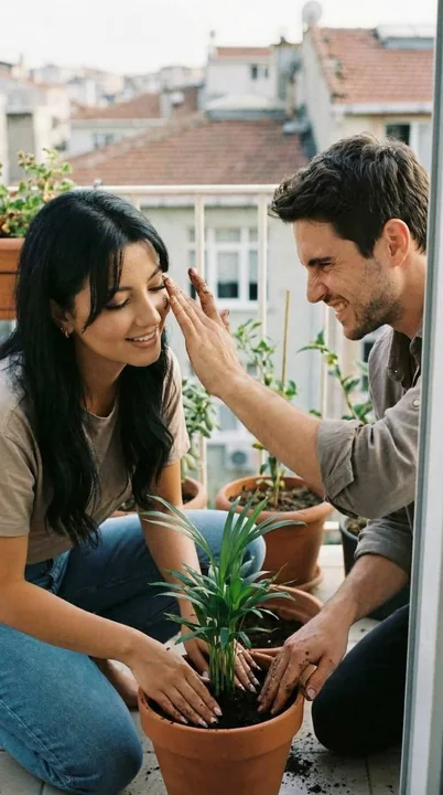 彼は彼女の頬にかかっている土をそっと払いながら、陽台上で一緒に植物を育てている。
