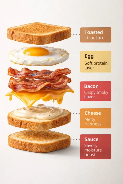 Rotating Exploded View: Deconstruction of Breakfast Sandwich Ingredients