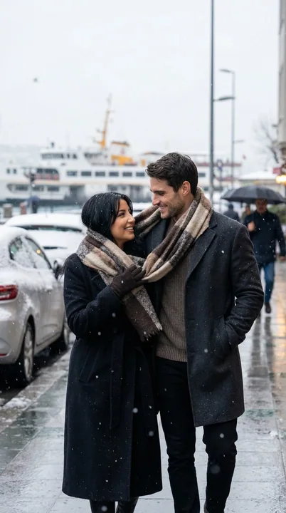 Photographie de rue douce de partager un foulard parmi la neige