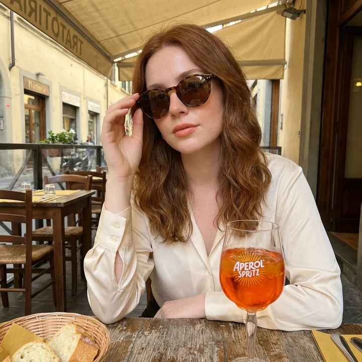 サングラスをかけた赤毛の女がイタリアン・ハゼンの下にいる