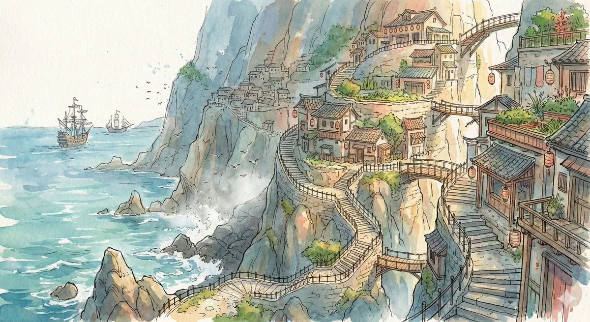 崖の絵の具画に描かれた海辺の童話の村