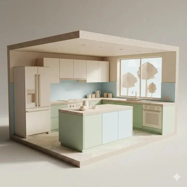 Soft pastel origami-style minimalist kitchen section