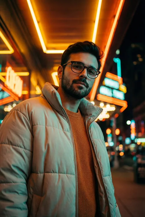 Portrait mode fashion in neon tunnel with a greenish orange tone