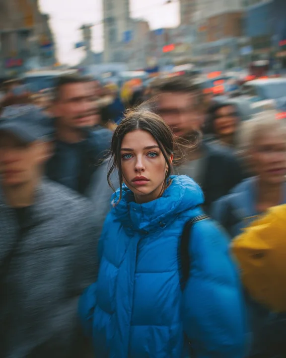 Jeune fille paisible dans la foule bruyante