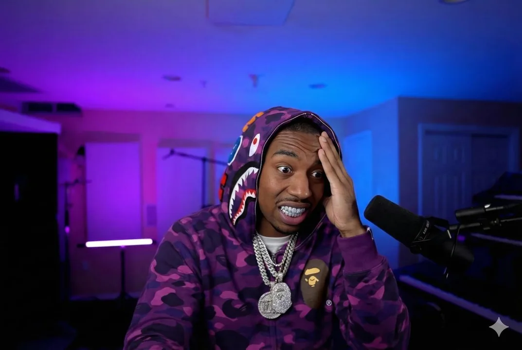 Сияющий рэпер в брюках BAPE с фиолетовой камуфляжной расцветкой