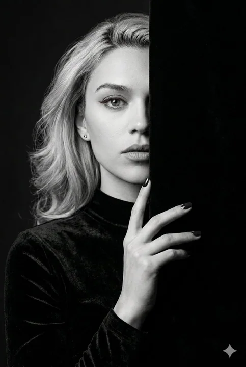 Черно-белый портрет с полупрофилью, изображающий жестокость тени разреза