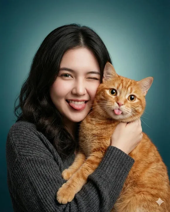 Girl playfully hugs an orange cat and sticks out her tongue.