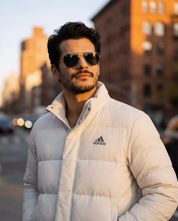 L'heure d'or, un mannequin masculin élégant au coucher du soleil
