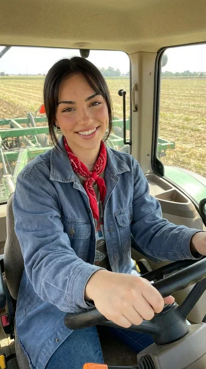A girl smiling in golden sunlight, operating agricultural machinery.