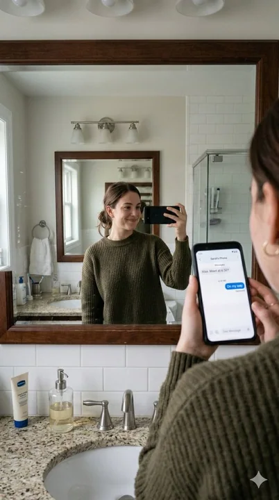 Realistic selfie in front of the bathroom mirror while chatting on the phone