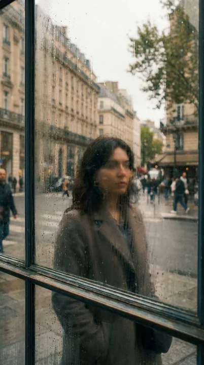 Femme citadine floue réfractée par la vitre de la fenêtre