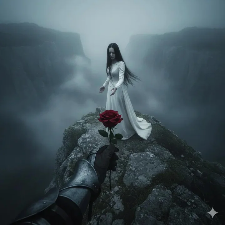 La jeune fille pâle sur le précipice de brume reçoit la rose rouge du chevalier en armure noire.