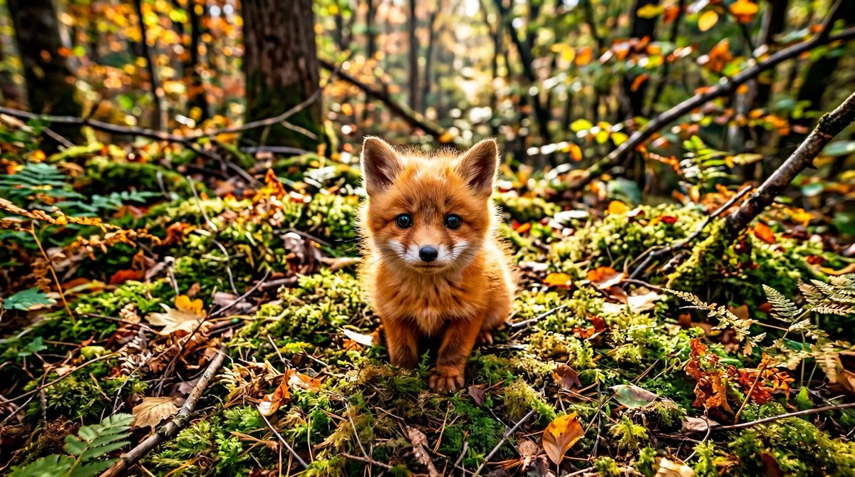 かわいらしい赤いキツネの幼獣が頭を上げてカメラを凝視しています