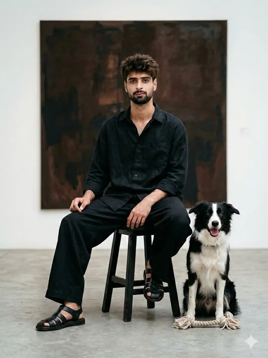 Jeune homme en noir avec son chien dans une galerie minimaliste