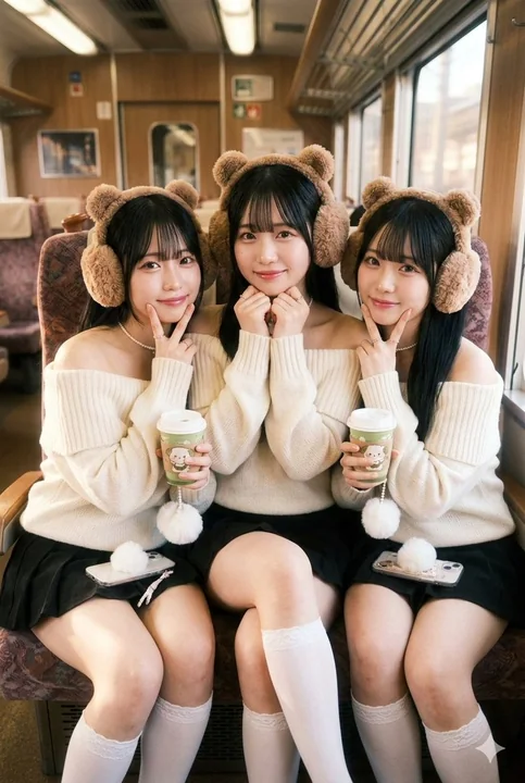 Le doux moment en train des trois sœurs avec des coussinets d'oreilles en peluche