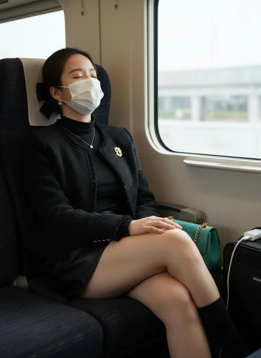 黒髪の美女が列車の窓辺で眠る
