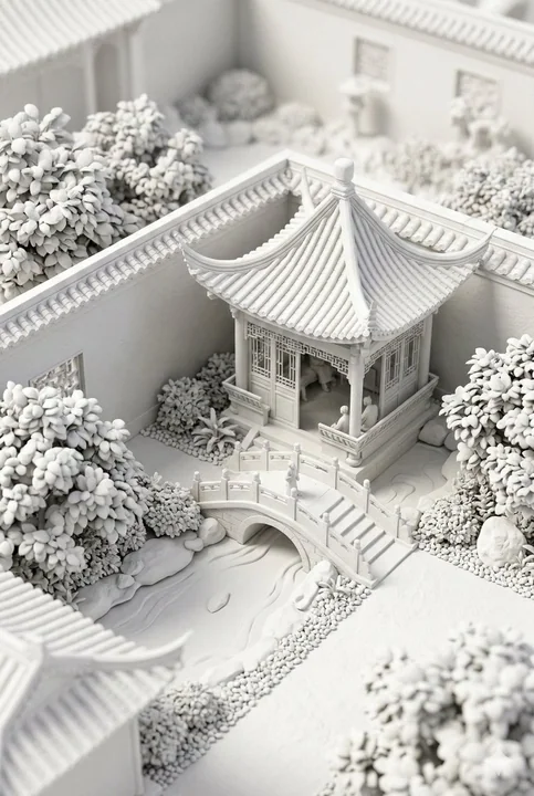 Pure white clay style Chinese courtyard miniature landscape