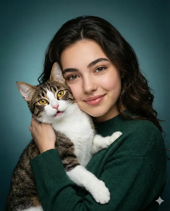 وقت الشفاء مع فتاة لطيفة تقبل قطة ذات فراء مخطط كالنمر
