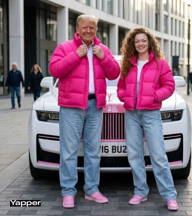 Крупные кадры с улицы в розовом роллс-ройсе Трампа