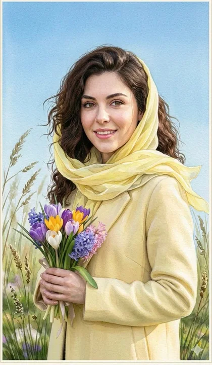 Jeune fille en aquarelle au printemps tenant un hyacinthe dans ses mains