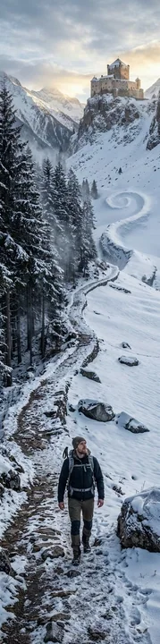 Sentiers enneigés des Alpes à la fin de l'hiver et serpent géant caché