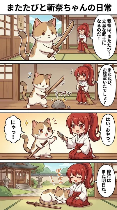 赤毛の少女と猫の温かみのある4コマ日常