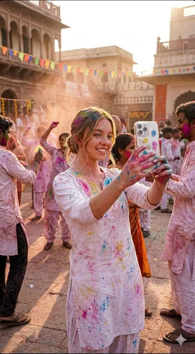 Selfie in the colorful courtyard of Holi with a mirror