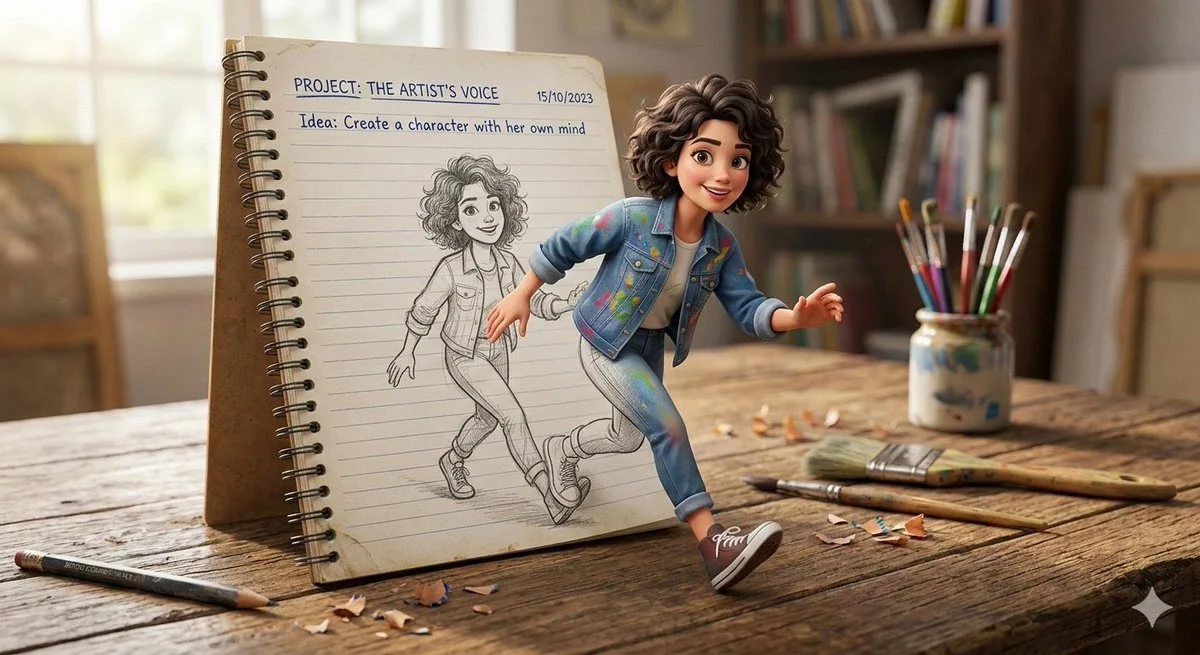 Le garçon saute hors de l'illusion d'optique en 3D du cahier.