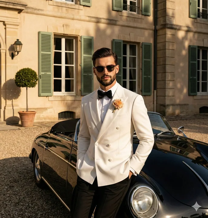 Esthétique d'agent secret à côté d'une Porsche vintage