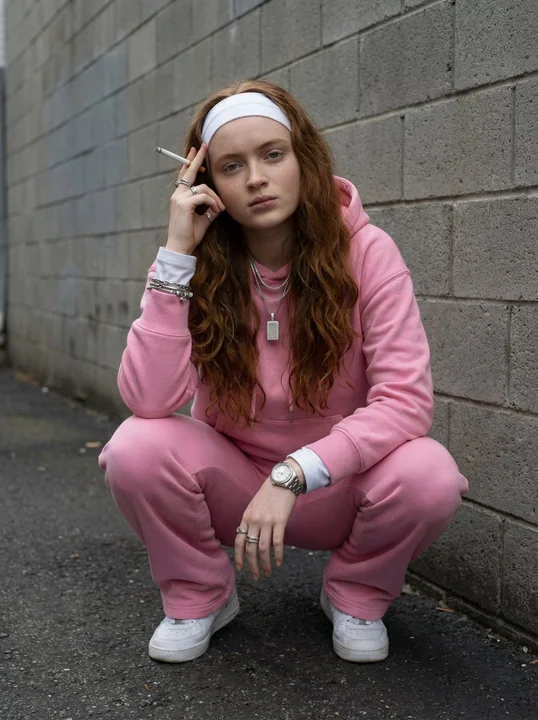 ストリートフォトグラフィーのピンクの運動服を着た少女