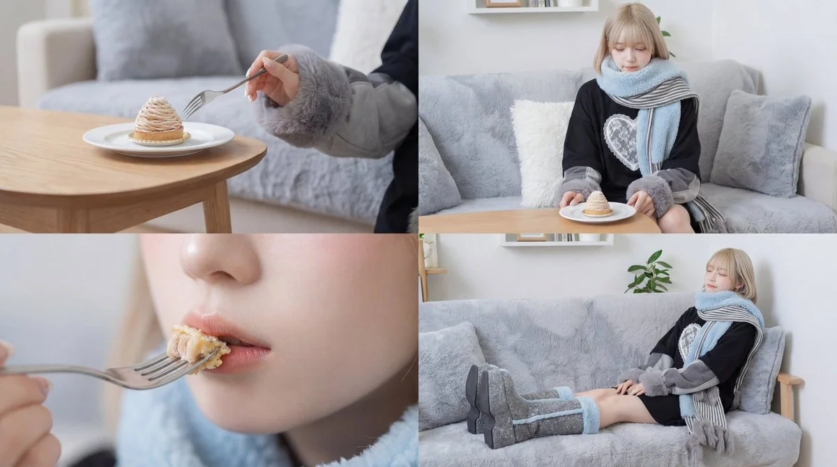 映画感のある少女がスイーツを没入的に味わう