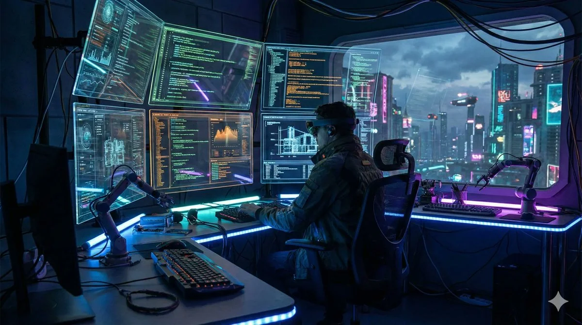 Atelier onirique de code holographique cyberpunk