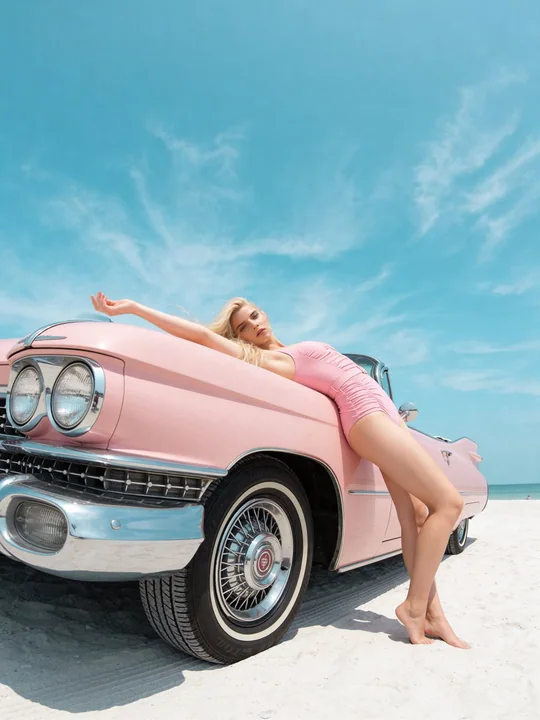 La belle du jour sur une voiture rose vintage
