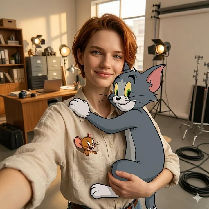 Autoportrait chaleureux avec le chat Tom