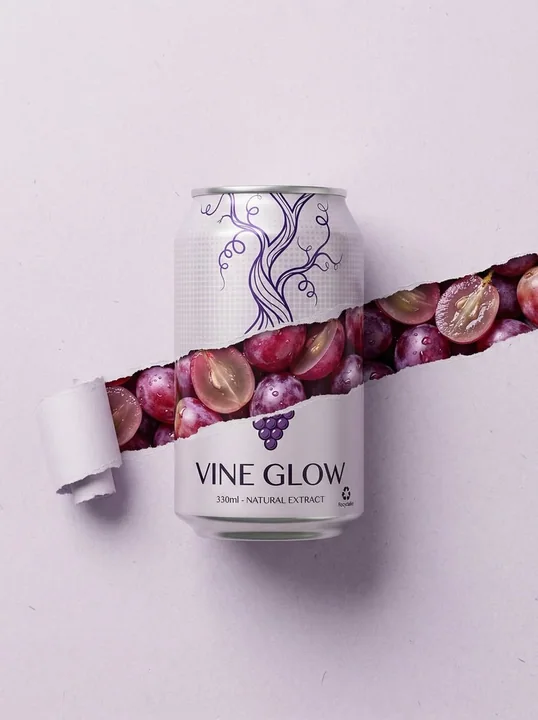 Photography of a juice can with fresh fruit bursting through the paper.