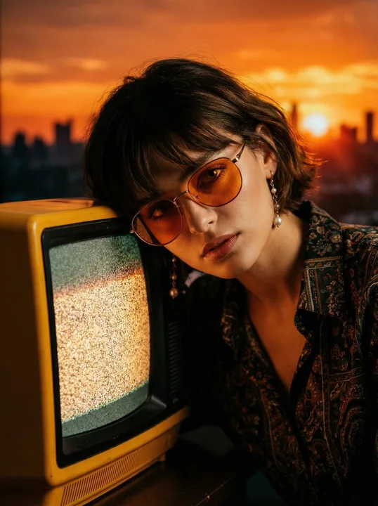レトロテレビ前の夕焼けファッションギャル