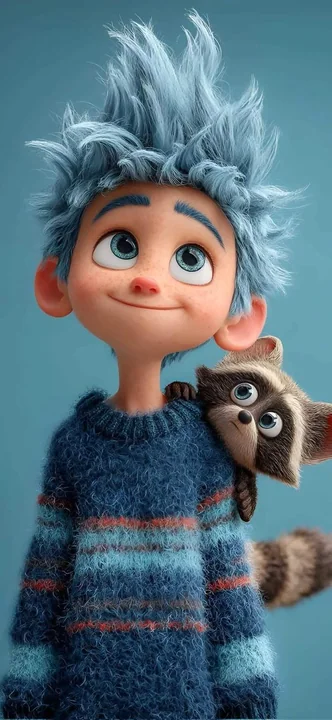 Garçon aux cheveux bleus au style Pixar avec un petit animal adorant sur l'épaule
