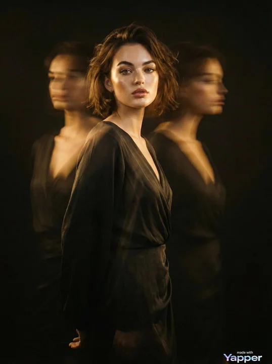 Portrait surréaliste en studio avec double exposition en tons sombres
