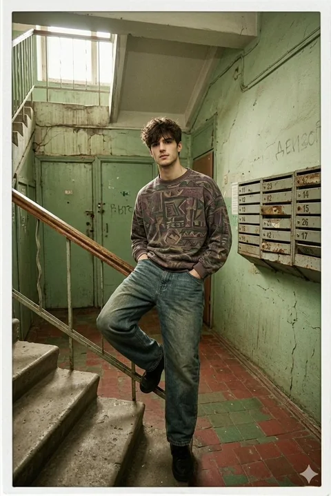 1990年代のロシアの階段でポラロイドを撮る男のモデル