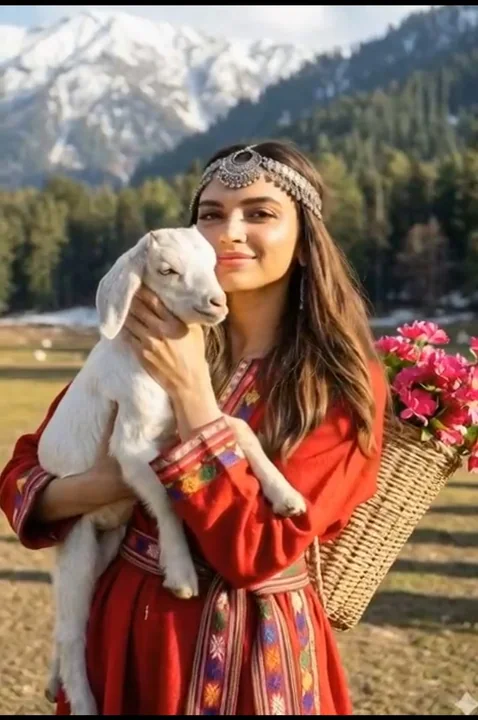 Jeune fille kashmiri portant un chèvre blanc sous le coucher de soleil du Himalaya