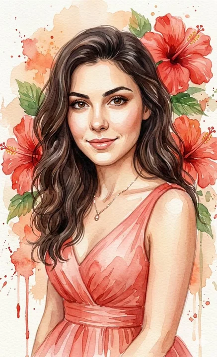 水彩で描かれた浅紅の舞衣と赤い木槿の佳人