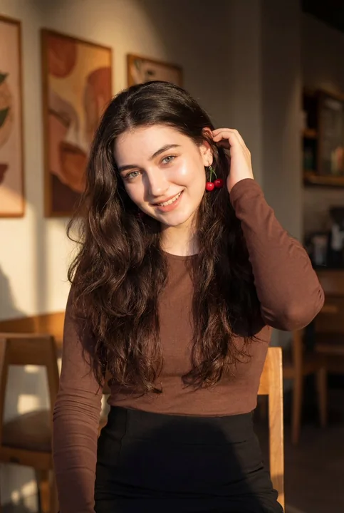 La jeune femme aux boucles d'oreilles en cerises dans le café