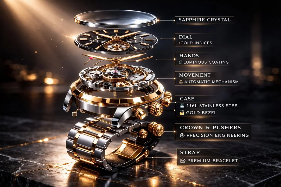 Publicité pour une montre mécanique de luxe et schéma d'explosion de la structure